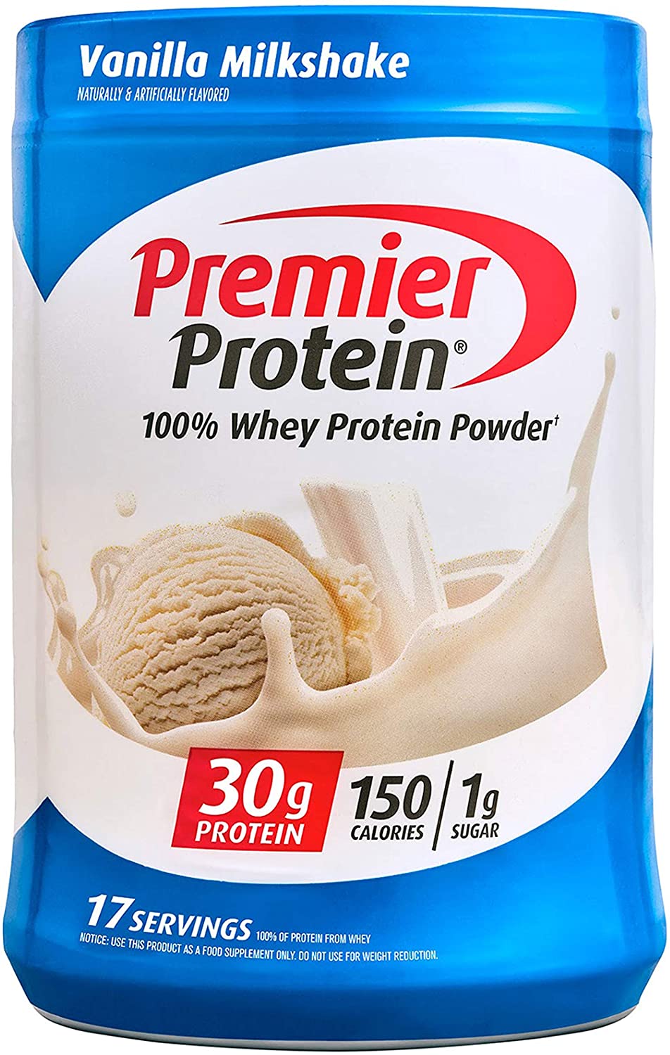 Premier Protein Powder, Vanilla Milkshake, 30g Protein, 1g Sugar, 100% Whey Protein, Keto Friendly